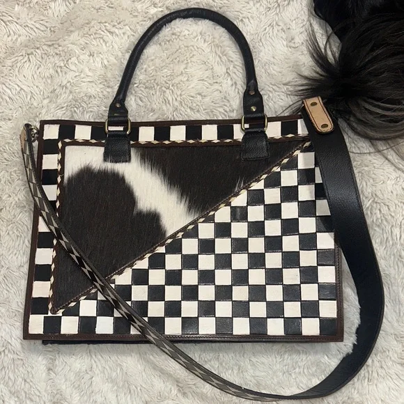 GORGEOUS Black & White Checkerboard Leather Tote with Haircalf Accent - Picture 2 of 5